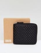Asos Oversized Leather Zip Around Wallet In All Over Weave Design In Black - Black