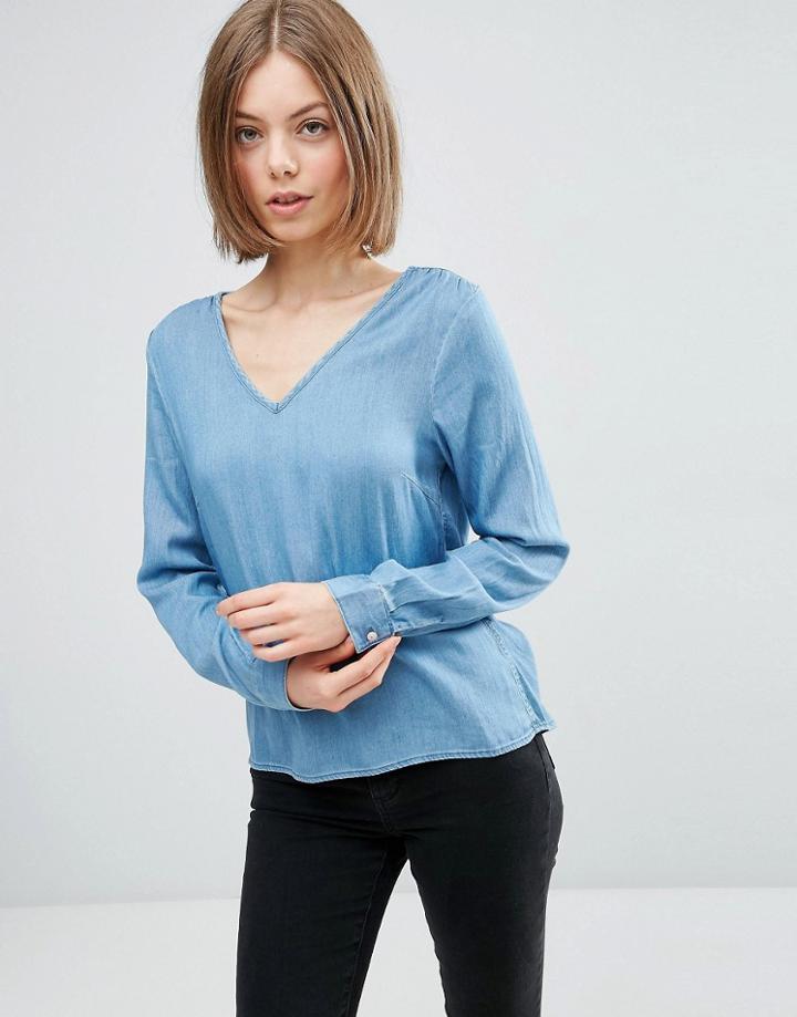 Vila V Neck Medium Blue Denim Top - Blue
