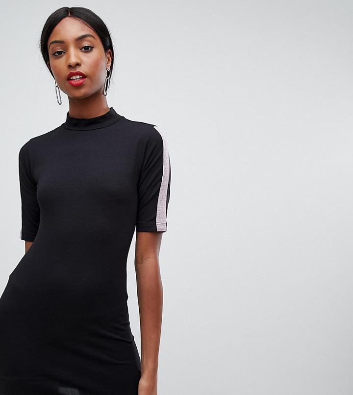 Chorus Tall High Neck Jersey Dress With Glitter Side Stripes - Black