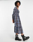 New Look Shirred Midi Dress In Blue Check