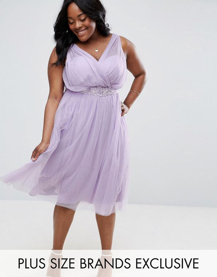 Little Mistress Plus Skater Dress With Tulle Skirt And Floral Waistband - Purple