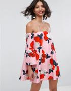 Asos Off Shoulder Dress With Bell Sleeve In Floral Print - Multi