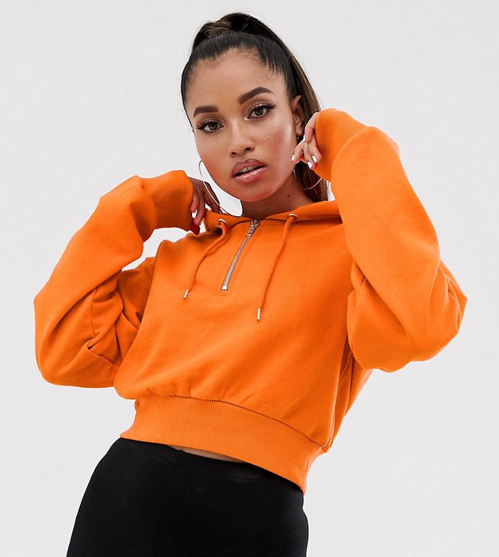 Asos Design Petite Cropped Hoodie With Half Zip In Blood Orange-black
