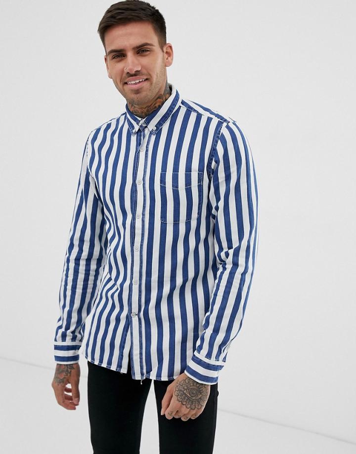 Pull & Bear Join Life Shirt In Blue Stripe - Blue