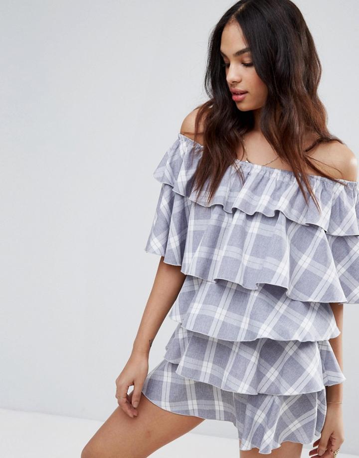 Missguided Check Print Bardot Ruffle Dress - Gray