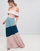 Asos Design Scuba Bardot Color Block Pleated Maxi Dress - Multi