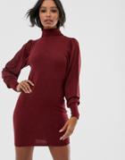 Asos Design Roll Neck Mini Dress With Statement Sleeve In Recycled Blend - Red