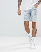 Asos Design Denim Shorts In Skinny Light Wash With Heavy Rips-blue