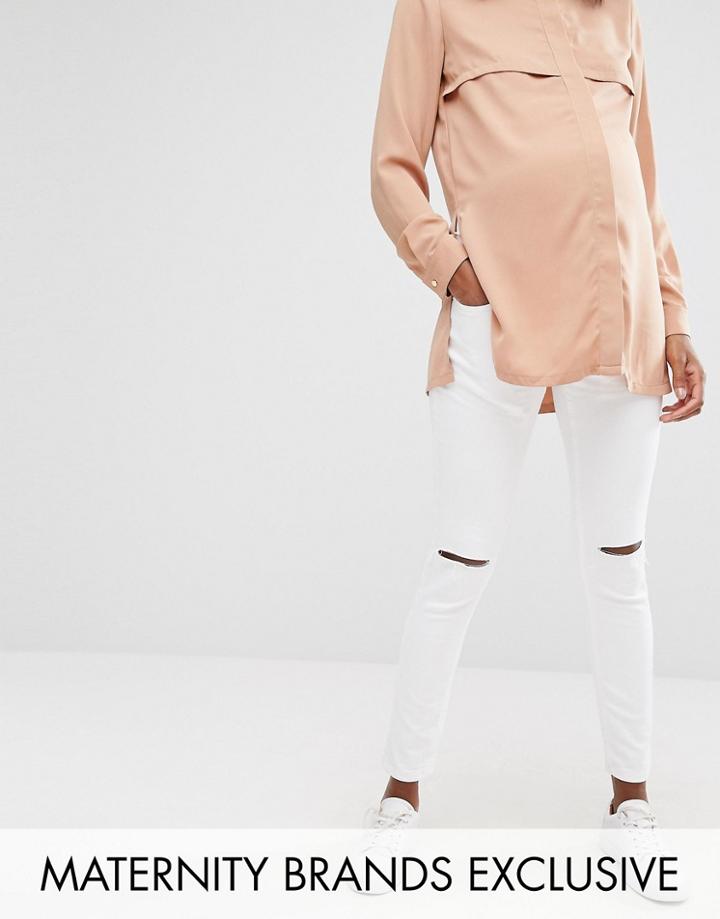 Missguided Maternity White Skinny Jean With Single Rip - White