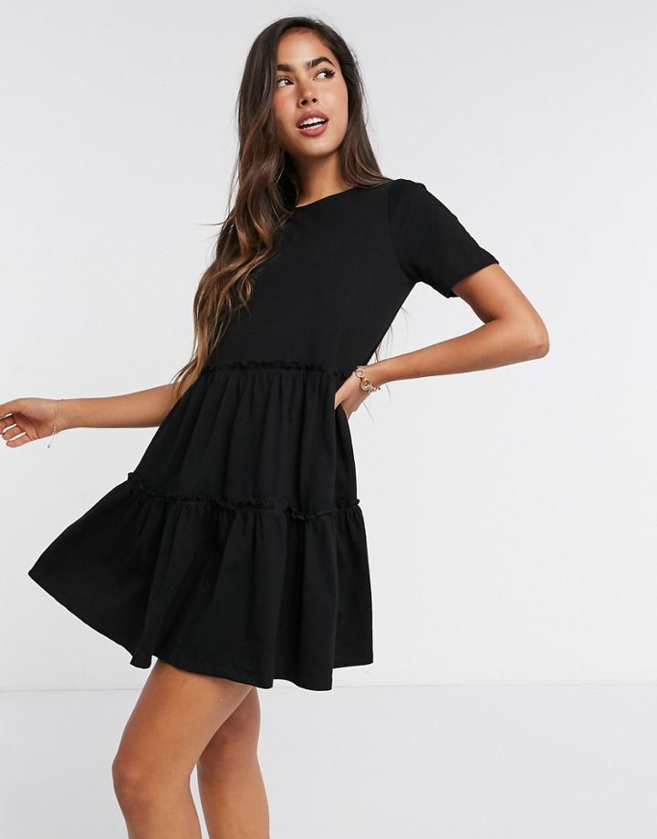 River Island Tiered Smock Mini T-shirt Dress In Black