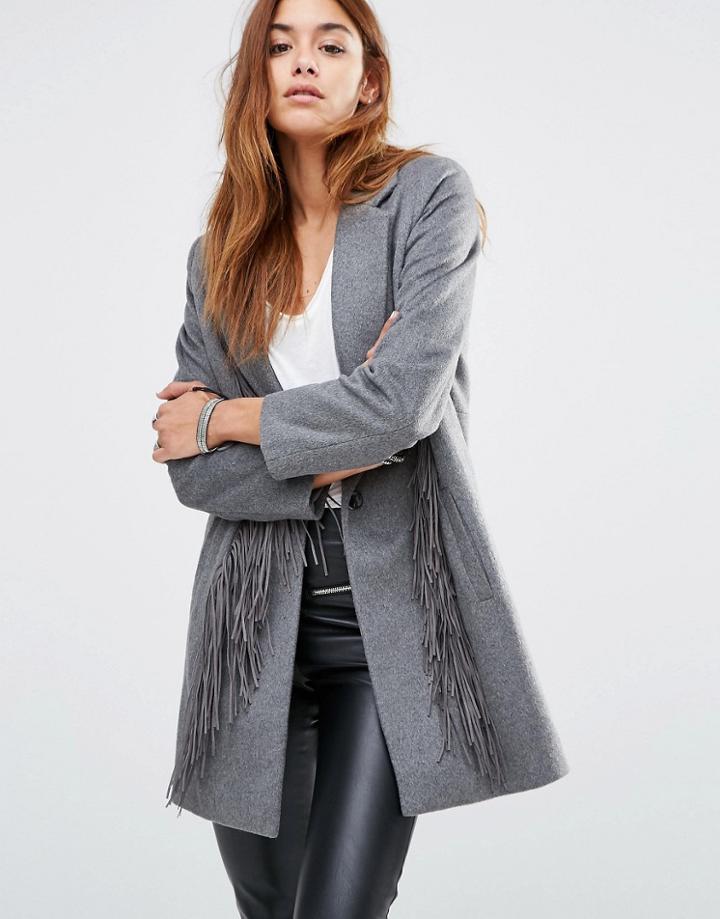 Religion Wool Overcoat With Tassels - Gray
