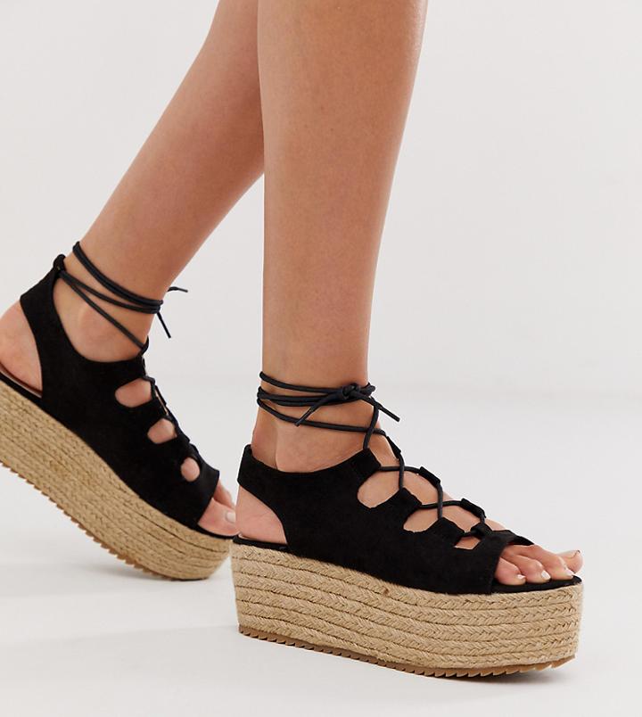 New Look Suedette Lace Up Flatform Sandal In Black - Black