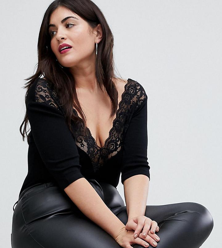 Asos Design Curve Top With Bardot Off Shoulder Lace Trim-black