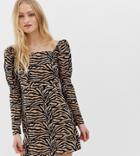 Reclaimed Vintage Inspired Mini Dress With Shoulder Puff In Tiger Print-brown