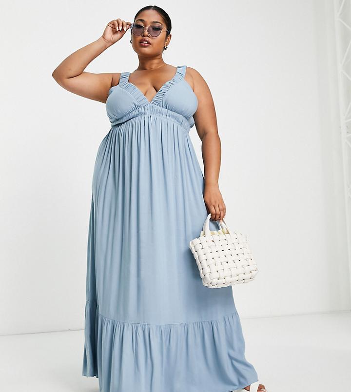 Asos Design Curve Elasticated V Back And Neck Maxi Dress In Duck Egg-blue
