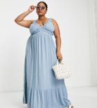 Asos Design Curve Elasticated V Back And Neck Maxi Dress In Duck Egg-blue