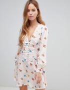 Asos Design Button Through Mini Tea Dress With Long Sleeves In Floral Jacquard-multi