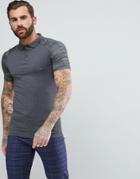 Asos Muscle Polo Shirt With Contrast Raglan Sleeves In Interest Fabric - Gray