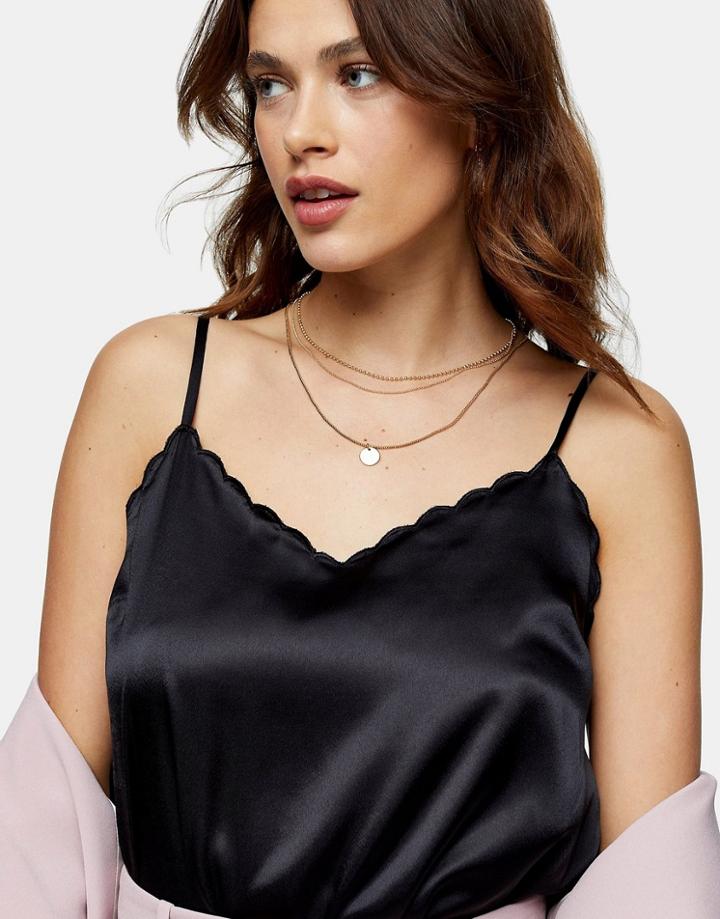 Topshop Scallop Edge Satin Cami Top In Black