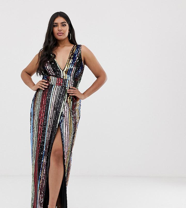 Club L Plus Striped Sequin Maxi Dress With Side Split - Multi
