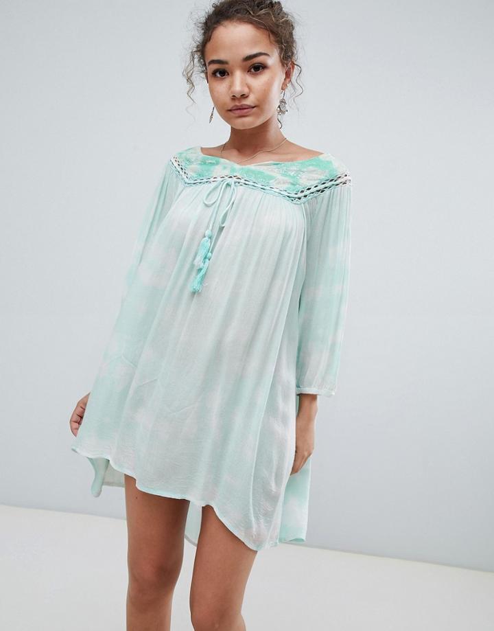 En Creme Long Sleeve Shift Dress With Lace Trim And Velvet Contrast - Green
