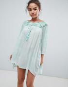 En Creme Long Sleeve Shift Dress With Lace Trim And Velvet Contrast - Green