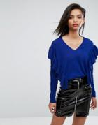 Mango Ruffle V Front Sweater - Blue