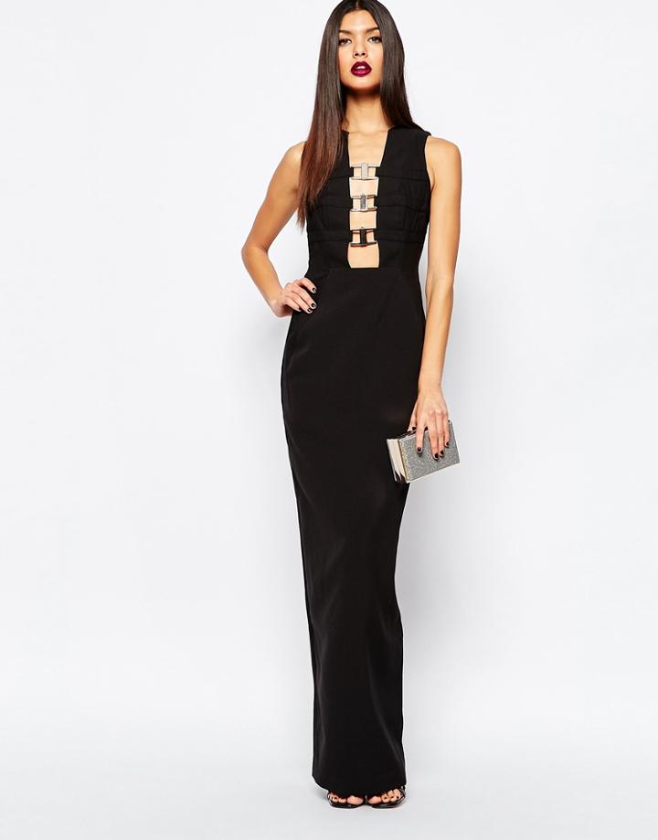 Aqaq Climax Column Maxi Dress With Metal Plunge Front - Black