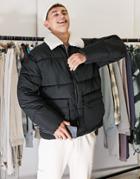 Topman Recycled Puffer With Sherpa Collar In Black