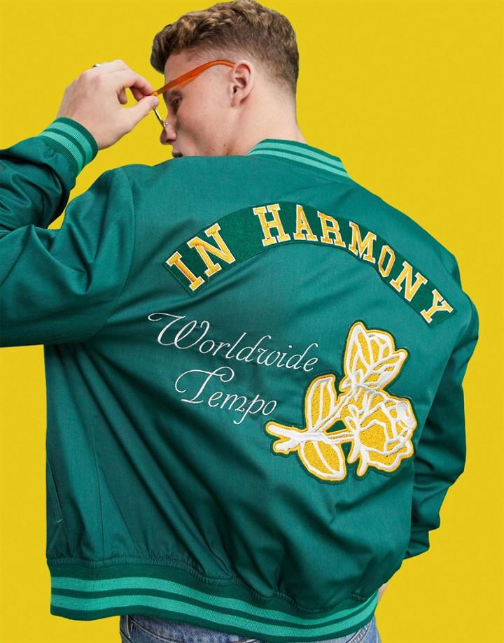 Asos Design Varsity Bomber Jacket In Green With Embroidery Badging