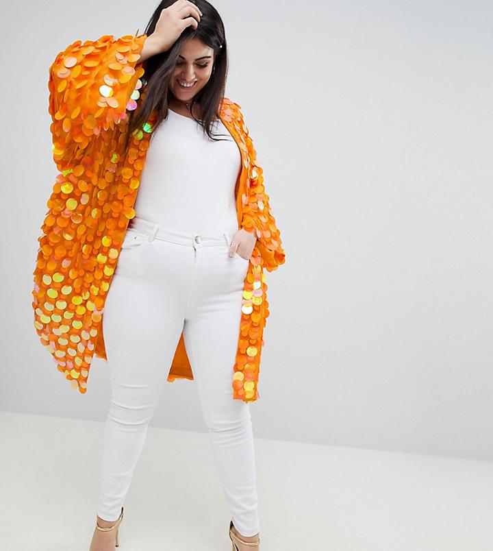 Asos Design Curve Bright Sequin Kimono - Orange