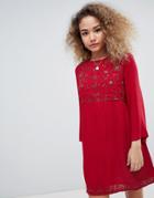 En Creme Embroidered Bell Sleeve Smock Dress - Red