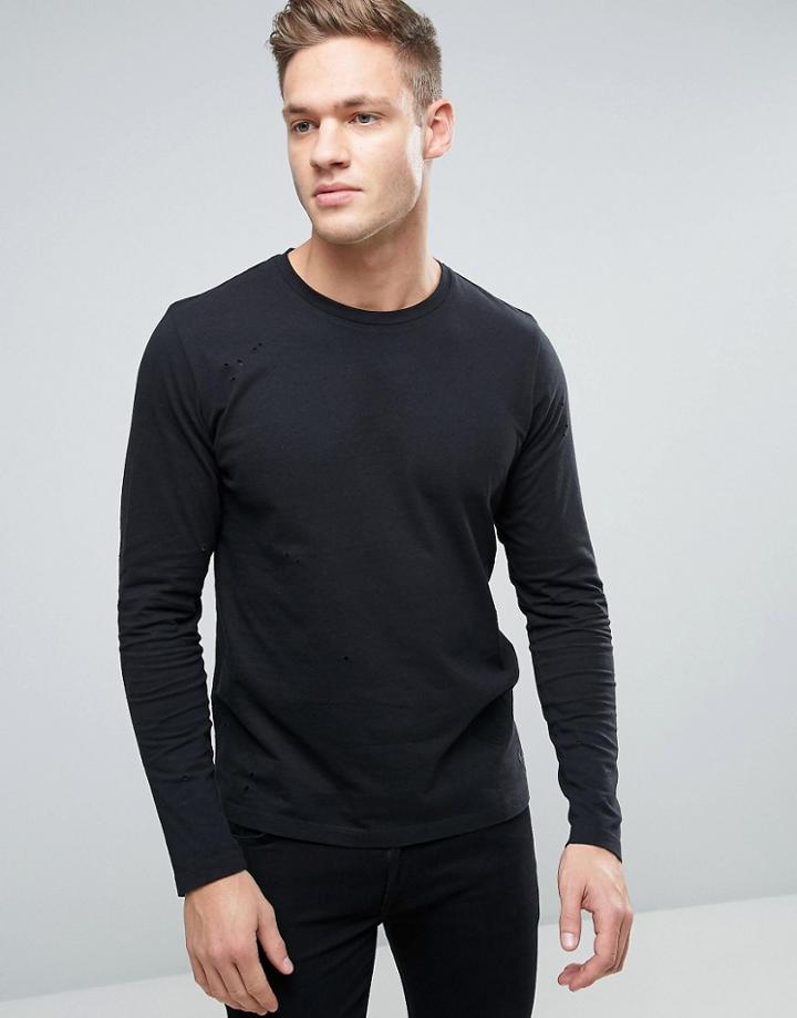 Jack & Jones Originals Long Sleeve Top With Distress Detail - Black