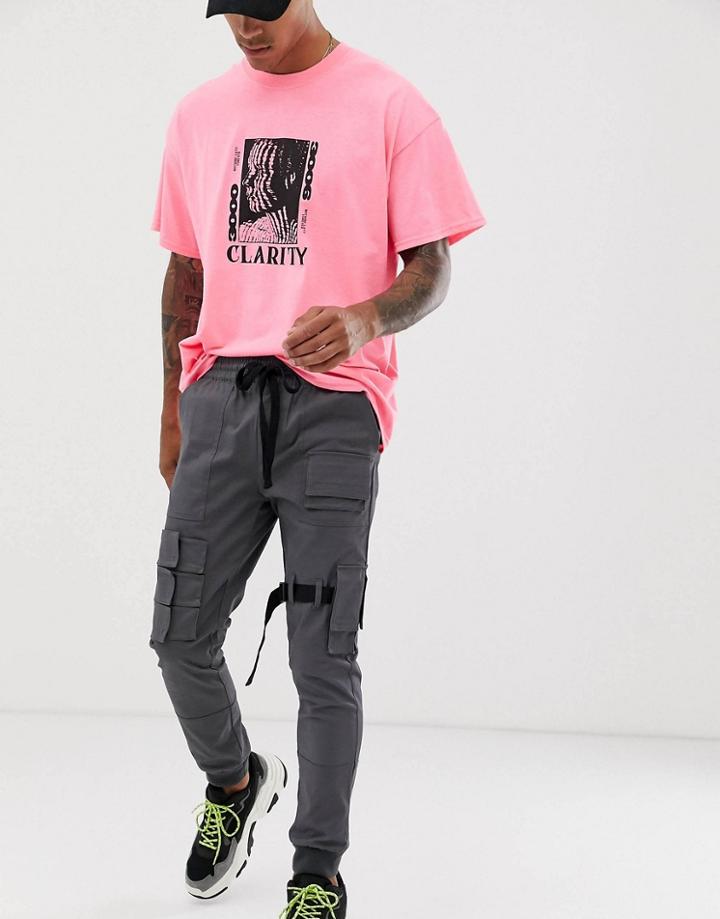 Asos Design Slim Ankle Grazer Cargos With Cuff & Utility Details-black