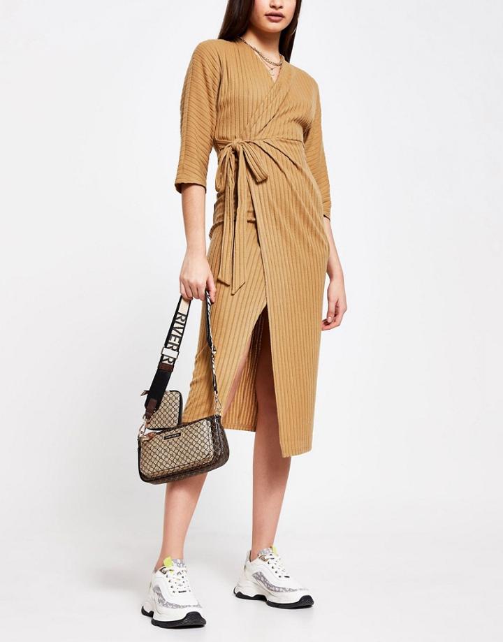 River Island Brushed Cozy Knit Wrap Midi Dress In Camel-brown