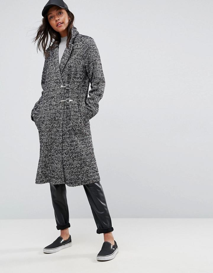 Asos Coat In Herringbone With Clip Fastenings - Multi