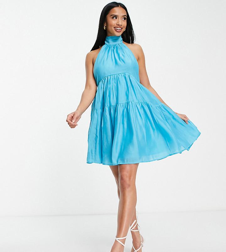 Asos Design Petite Halter Tiered Voile Mini Dress With Tie Back Detail In Blue