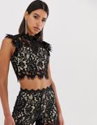 Love Triangle Eyelash Lace Crop Top Two-piece With Flutter Sleeve In Black - Black