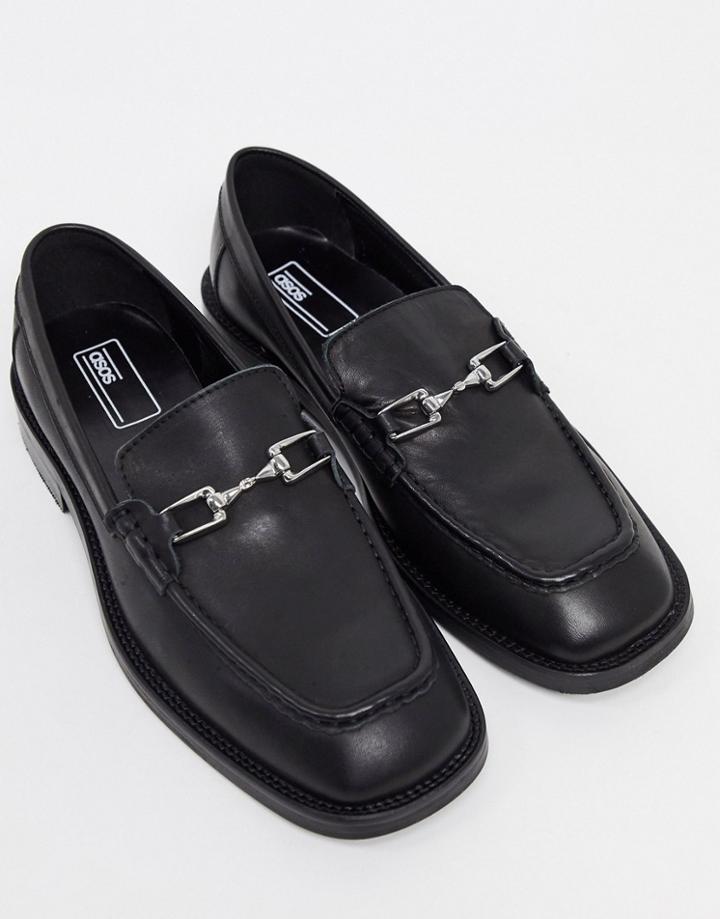 Asos Design Loafers In Black Leather With Square Toe And Snaffle Detail
