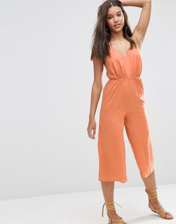 Asos V Plunge Coulotte Beach Jumpsuit - Rust