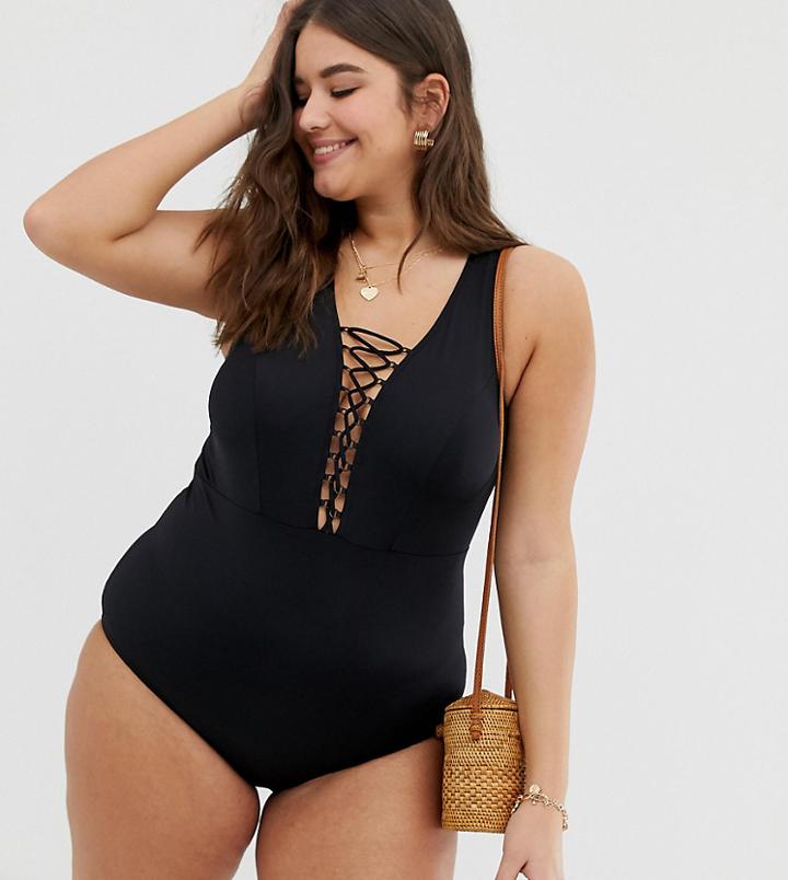 City Chic Curve Belize Swimsuit In Black - Black