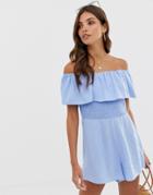 Asos Design Off Shoulder Ruffle Romper With Shirring - Blue