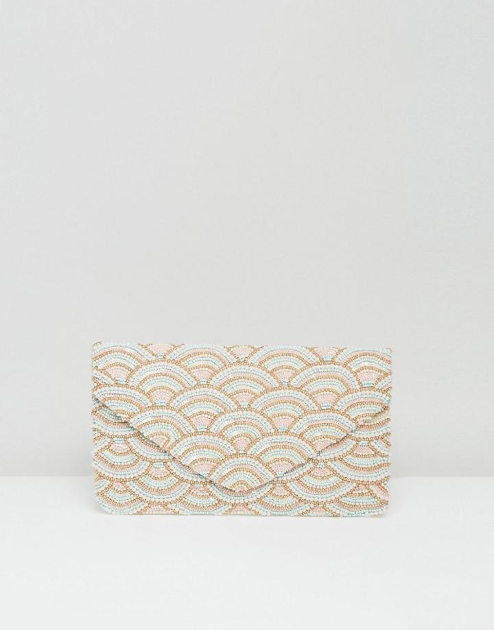 Clutch Me By Q Hand Beaded Pink And Gold Shell Clutch - Pink