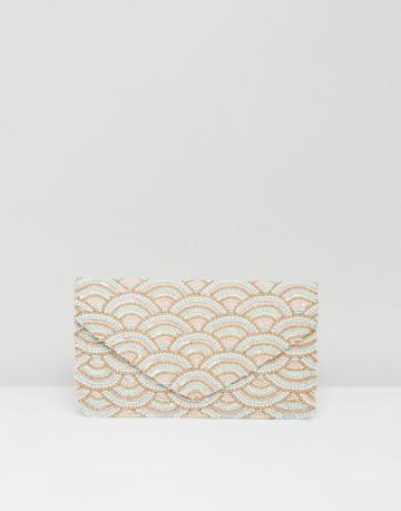 Clutch Me By Q Hand Beaded Pink And Gold Shell Clutch - Pink