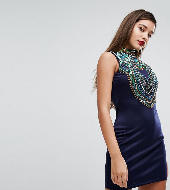 A Star Is Born Jersey Bodycon Dress With Iridescent Embellishment-navy