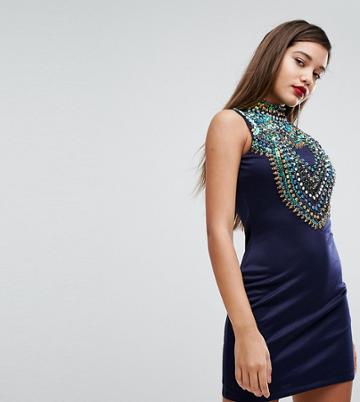 A Star Is Born Jersey Bodycon Dress With Iridescent Embellishment-navy