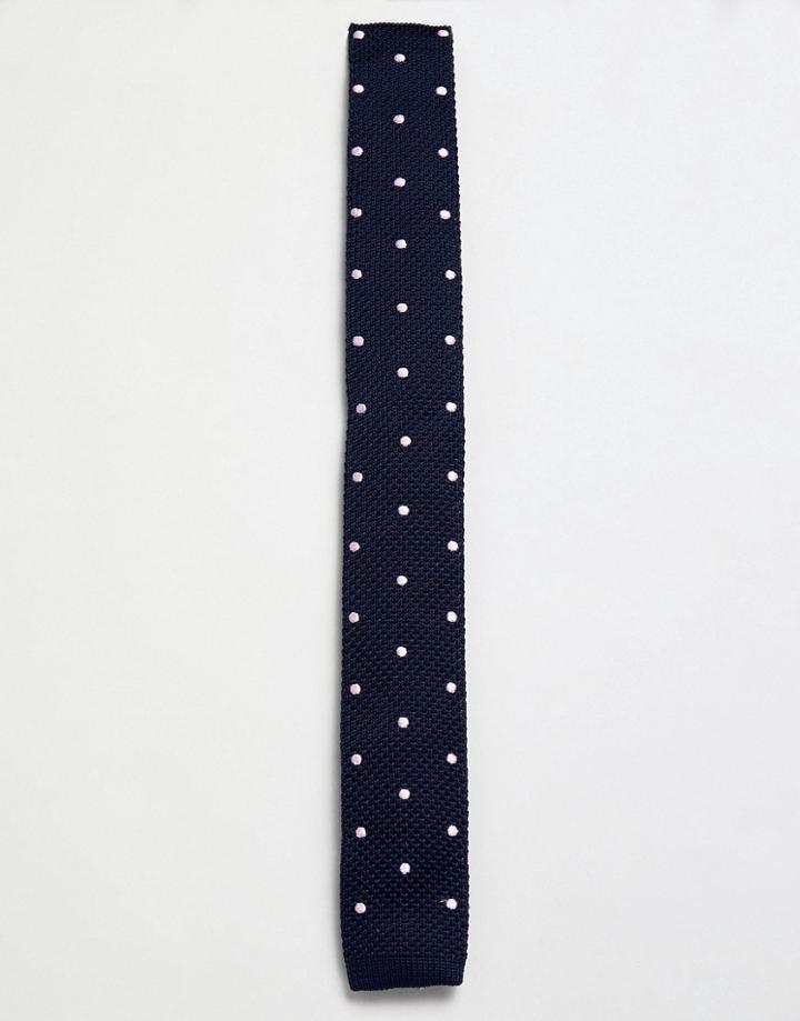Moss London Knitted Tie With Pink Spot - Navy