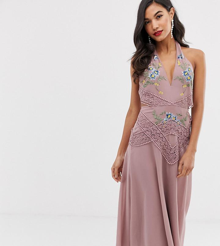 Asos Design Halter Neck Midi Dress With Embroidered Bodice And Waist Detail - Multi