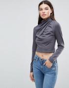 Asos Crop Top With High Neck And Wrap Front In Wash - Black