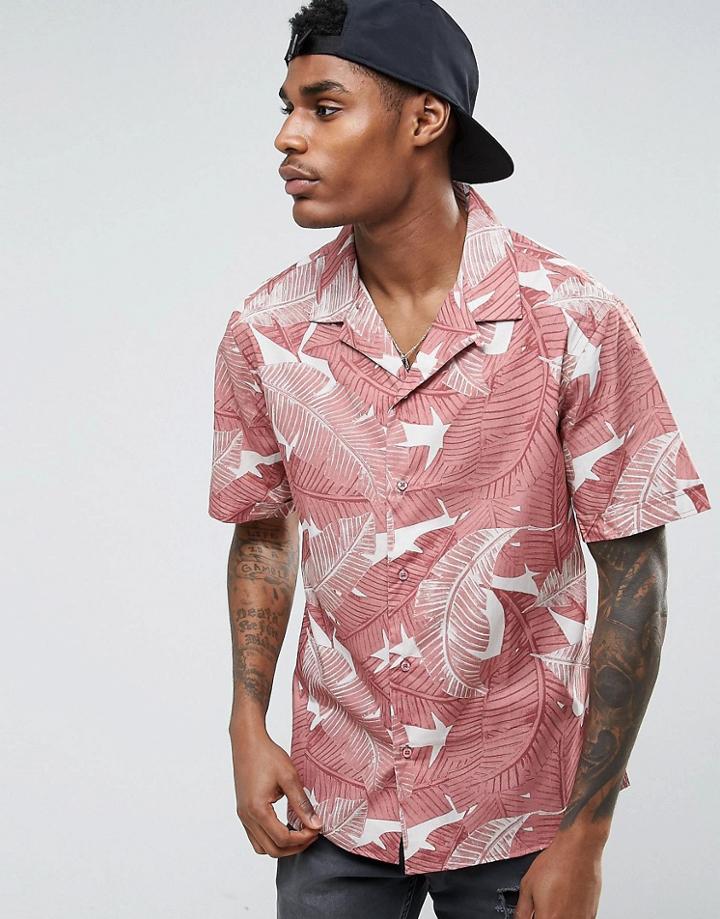 Midnight Surf Leaves Revere Collar Shirt - Pink